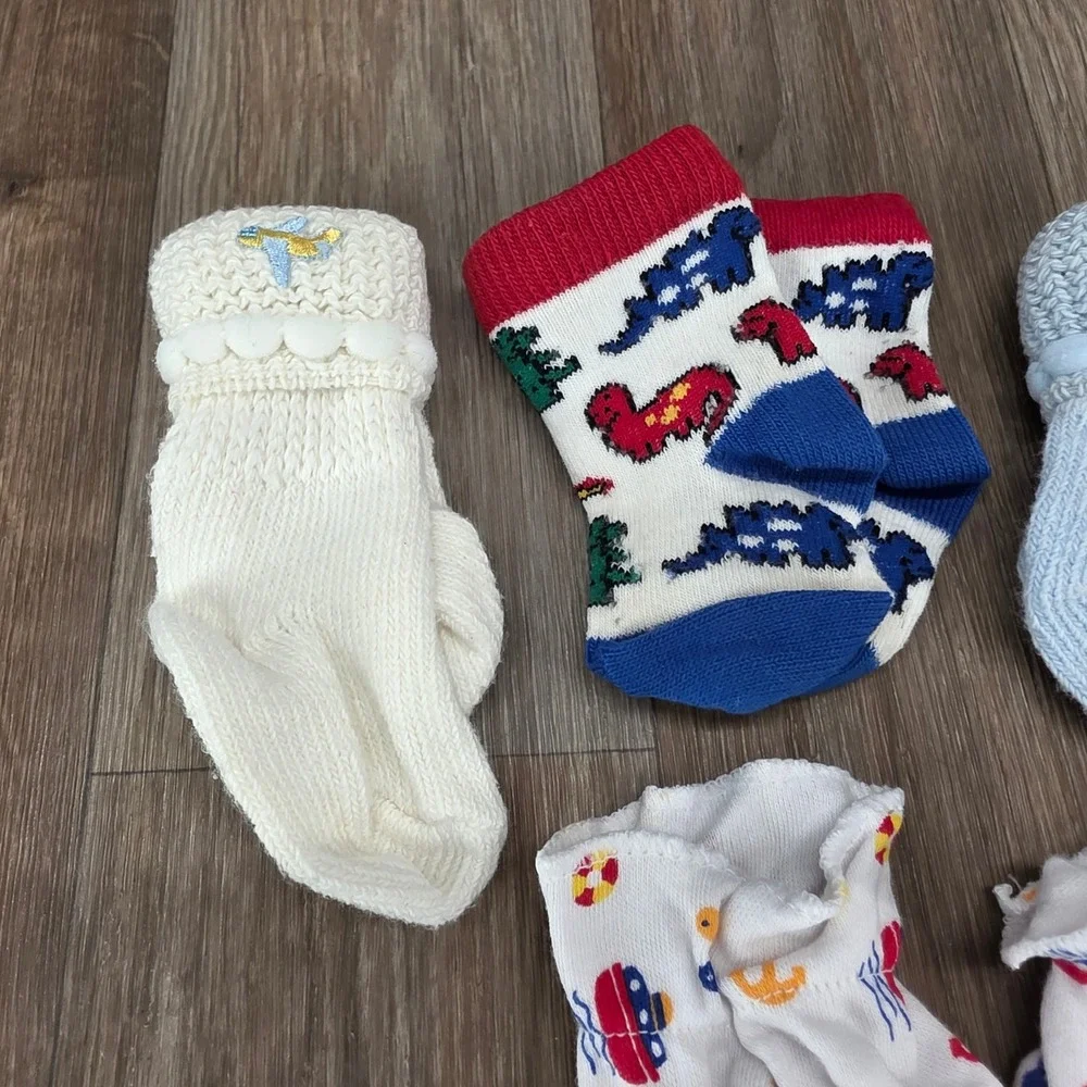 Vtg Baby Boy Sock & Mitten Lot 5 Pairs Dinosaur Nautical Airplane Knit Booties
